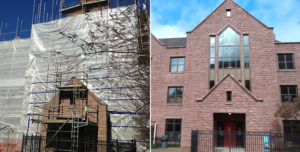 A before and after comparison of a historical building. Once covered in scaffolding and wrap, now restored to its full glory.